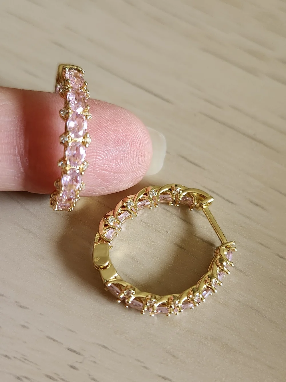 New 18K Gold Plated Double-sided Pink Sapphire Hoop Earrings for Women